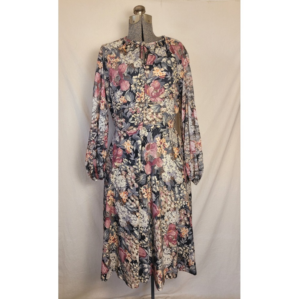 Vintage 60s 70s Floral Brown Dress Fit‎ Flare Volup Size Large Mod Academia